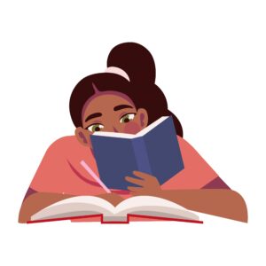 Mulher negra lendo um livro e fazendo anotações