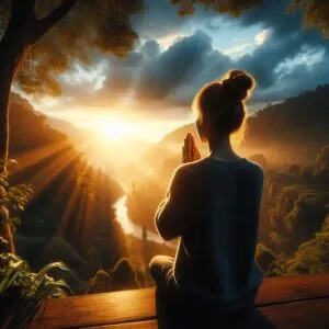 Imagem de Arnie Bragg por Pixabay gerada por IA, mostrando uma mulher rezando, em direção a uma linda luz entre as nuvens